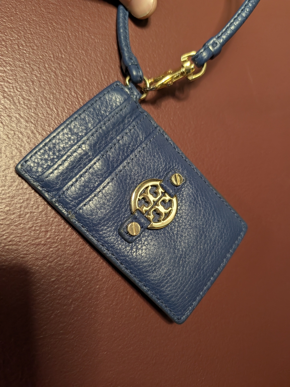 Tory Burch Blue Leather Wristlet Card Holder ID Wallet with Gold Logo